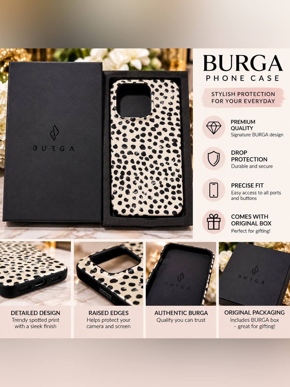 BURGA Leopard Spot Phone Case in White & Black